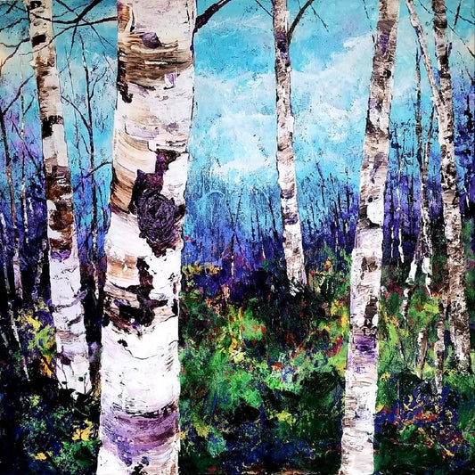 8X8 Inch Canvas Art Print: Birch Trees Blue & Purple