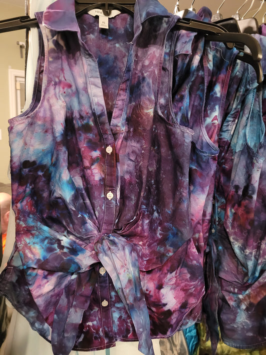 Nine West Button Front Tank with Tie Blues & Purples